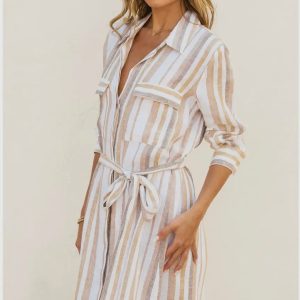 Striped Belted Maxi Shirt Dress